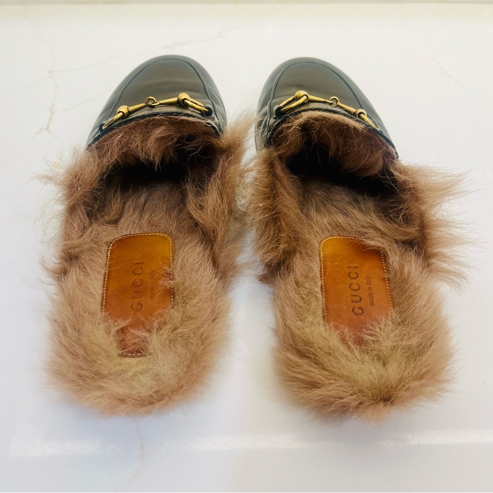 Gucci Princeton Fur Lined Horsebit Loafers- Black Leather Slides - Picture 3 of 9
